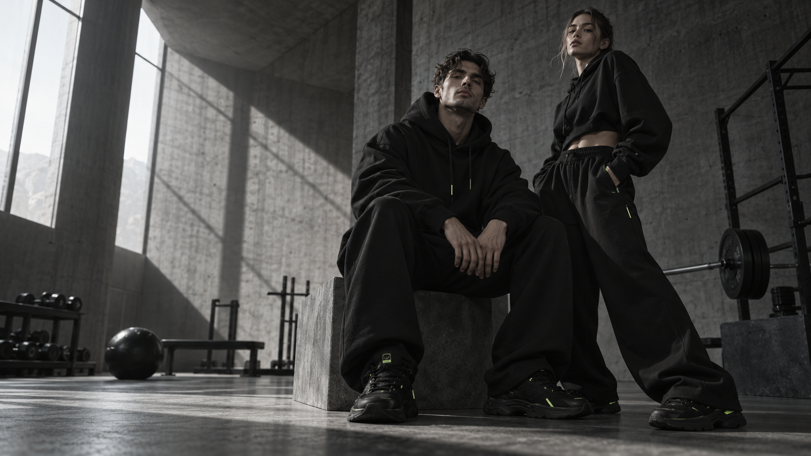 Dos modelos adultos con ropa deportiva urbana negra en un espacio de concreto