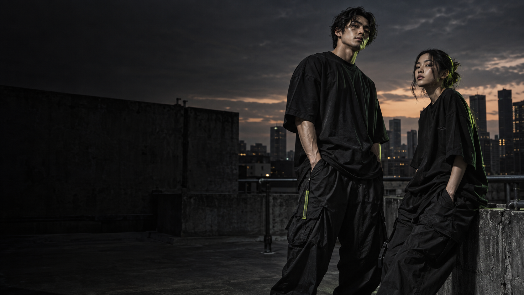 Dos modelos adultos con ropa urbana negra en una azotea industrial